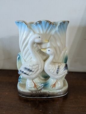 Vintage Mid-Century Iridescent Lusterware Swan Geese Ceramic Vase Planter MCM